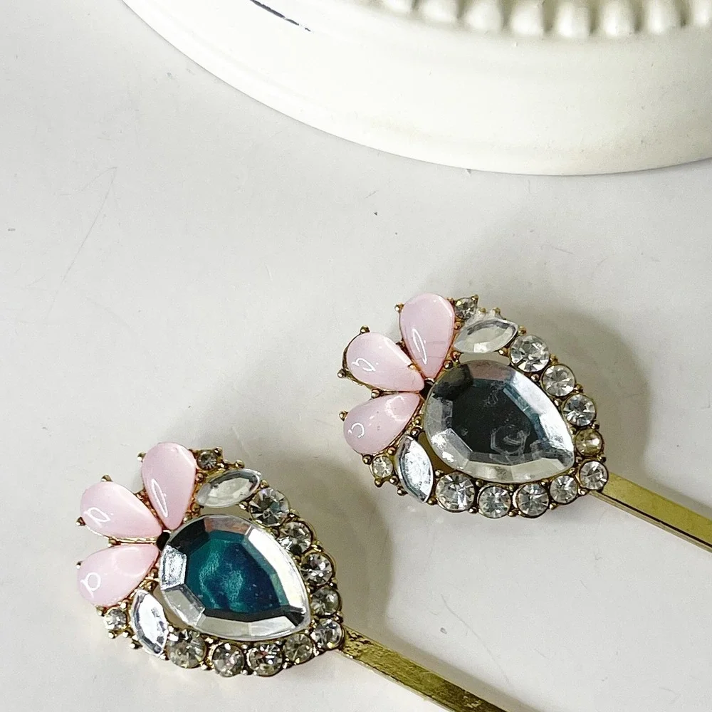 Vintage Y2K Large Rhinestone Bobby Pins Pink Bead Gold Metal Glam Coquette 90s
